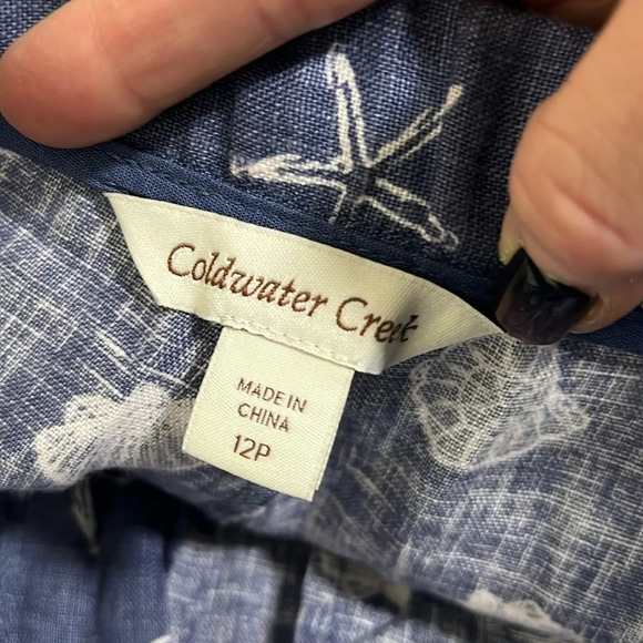 Coldwater Creek Blue Linen Pants with Seashell Design Size 12P - Picture 6 of 8